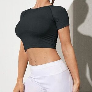 Workout Crop Top Seamless Short Sleeve Fitness Compression Shirt Dark Gray L
